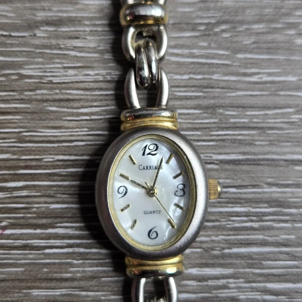 Carriage by Timex Women's Quartz Watch Oval Two Tone Silver Gold MOP K9 Works 6